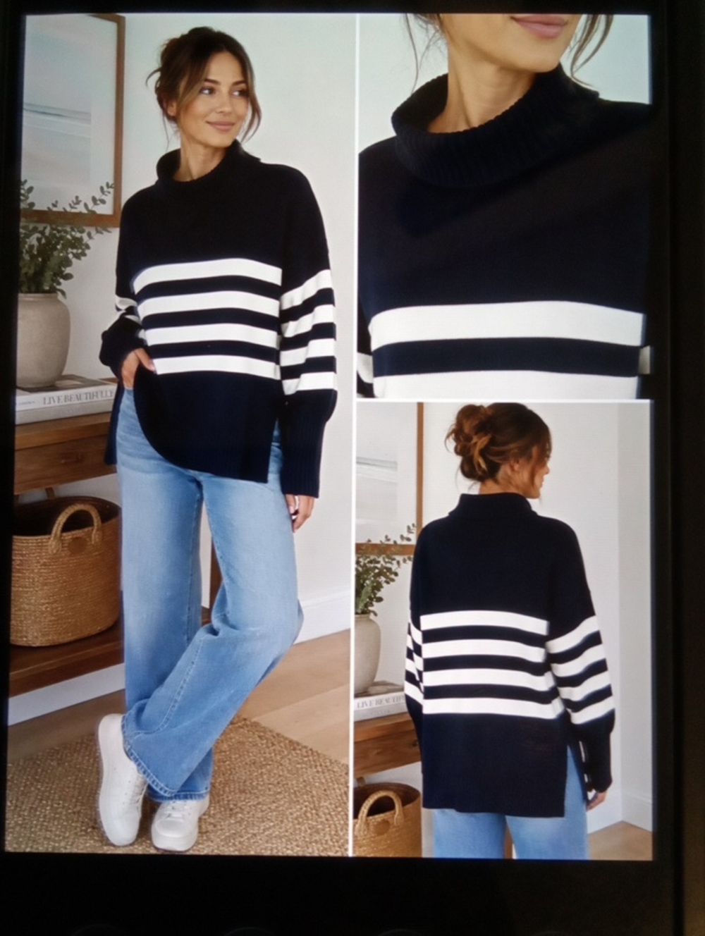 Mersea Striped Blue White Side Slits Roolled Turtleneck Womens Sweater One Size